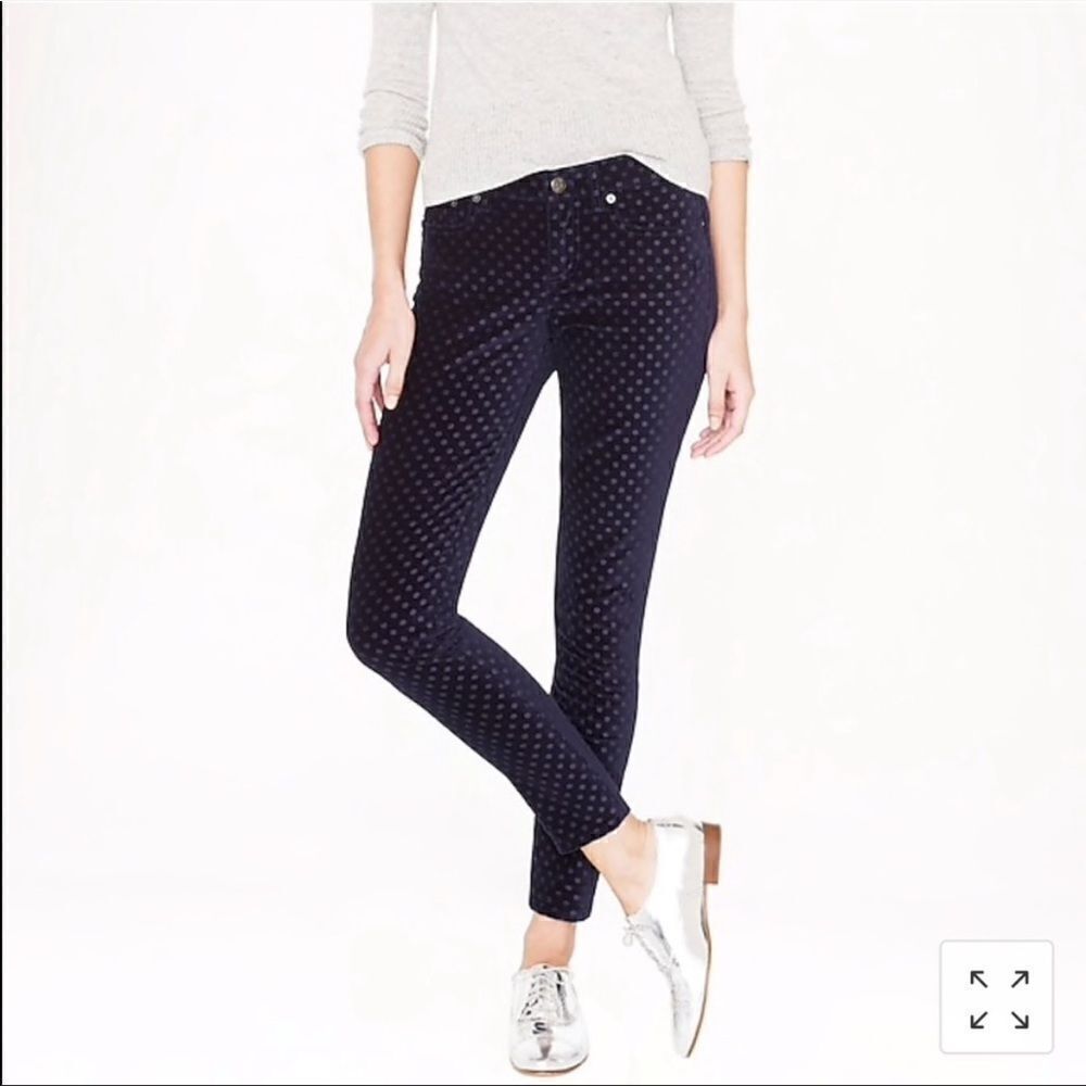 J Crew Toothpick Polka Dot Velvet Ankle Pant Navy - 26A
